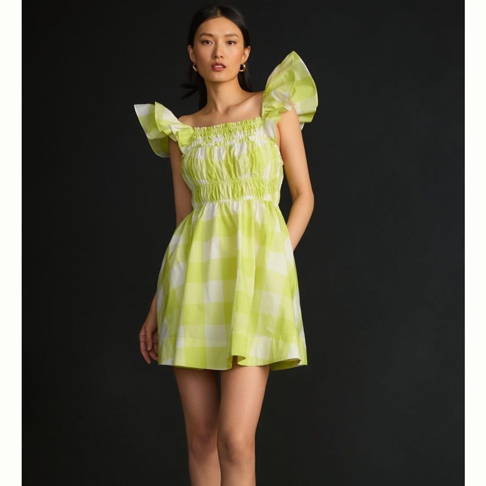 Anthropologie Lime Green Gingham Ruffle-Sleeve Mini Dress Size Large